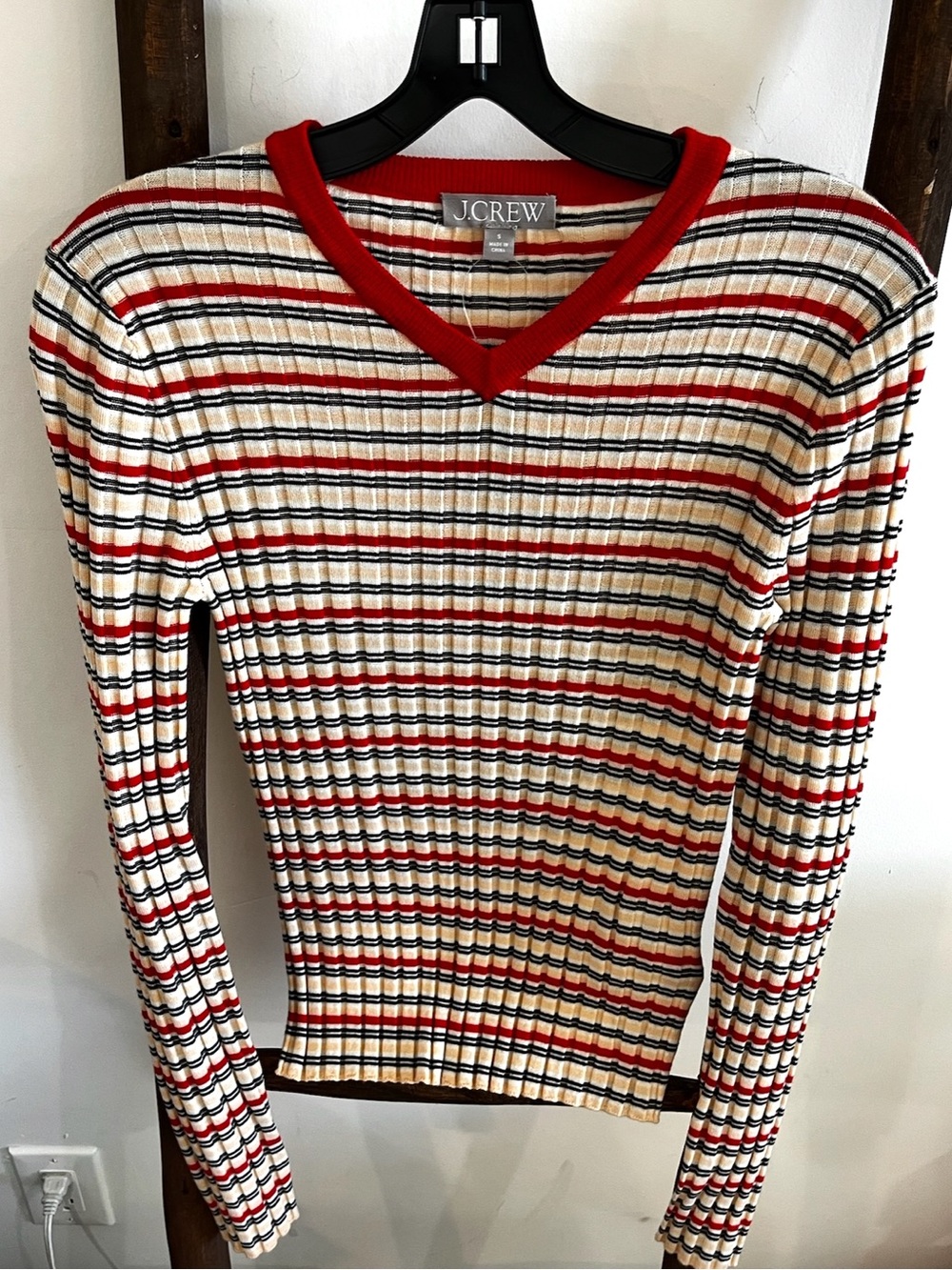 J. Crew Cream Ribbed V-Neck Sweater with Red and Navy Stripes